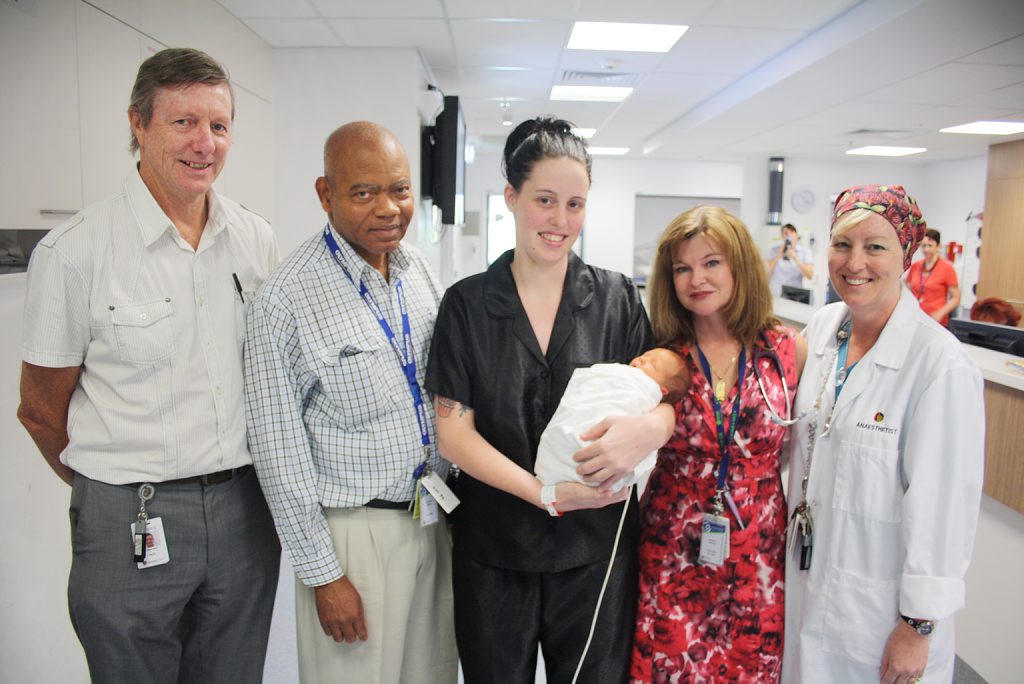 Simone Brown and baby Zane Kanowski thank their life-saving specialists: (from left) Surgeon Dr Alan Atherstone, Obstetrician/Gynaecologist Dr Edwin Ozumba and Anaesthetists Dr Deborah Simmons and Dr Annette Turley. Photo Contributed Simone Brown and baby Zane Kanowski thank their life-saving specialists: (from left) Surgeon Dr Alan Atherstone, Obstetrician/Gynaecologist Dr Edwin Ozumba and Anaesthetists Dr Deborah Simmons and Dr Annette Turley. Photo Contributed